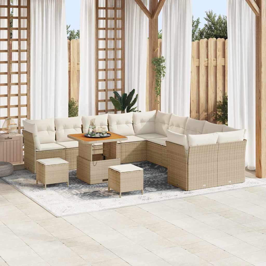 Gartensofa-set mit Kissen 13 pcs Beige und Creme Poly-Rattan