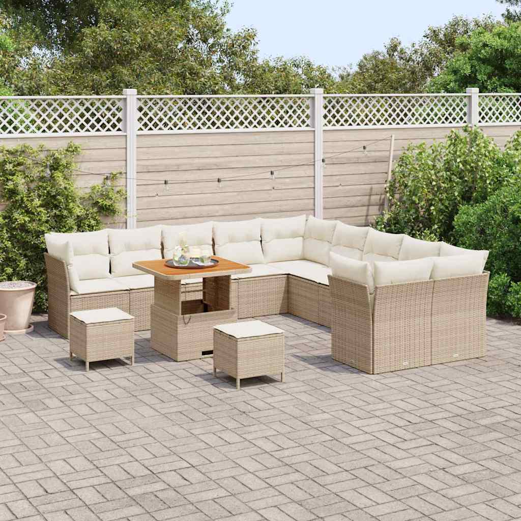 Gartensofa-set mit Kissen 13 pcs Beige und Creme Poly-Rattan