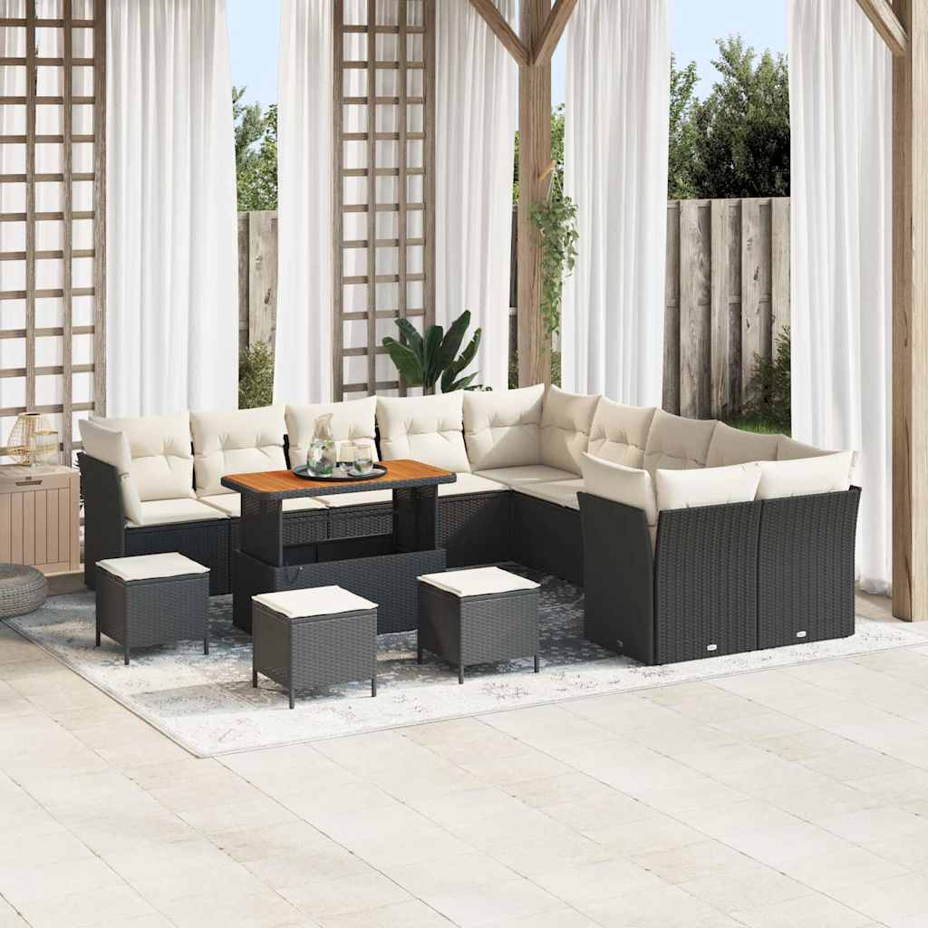 Gartensofa-set mit Kissen 14 pcs Schwarz und Creme Poly-Rattan