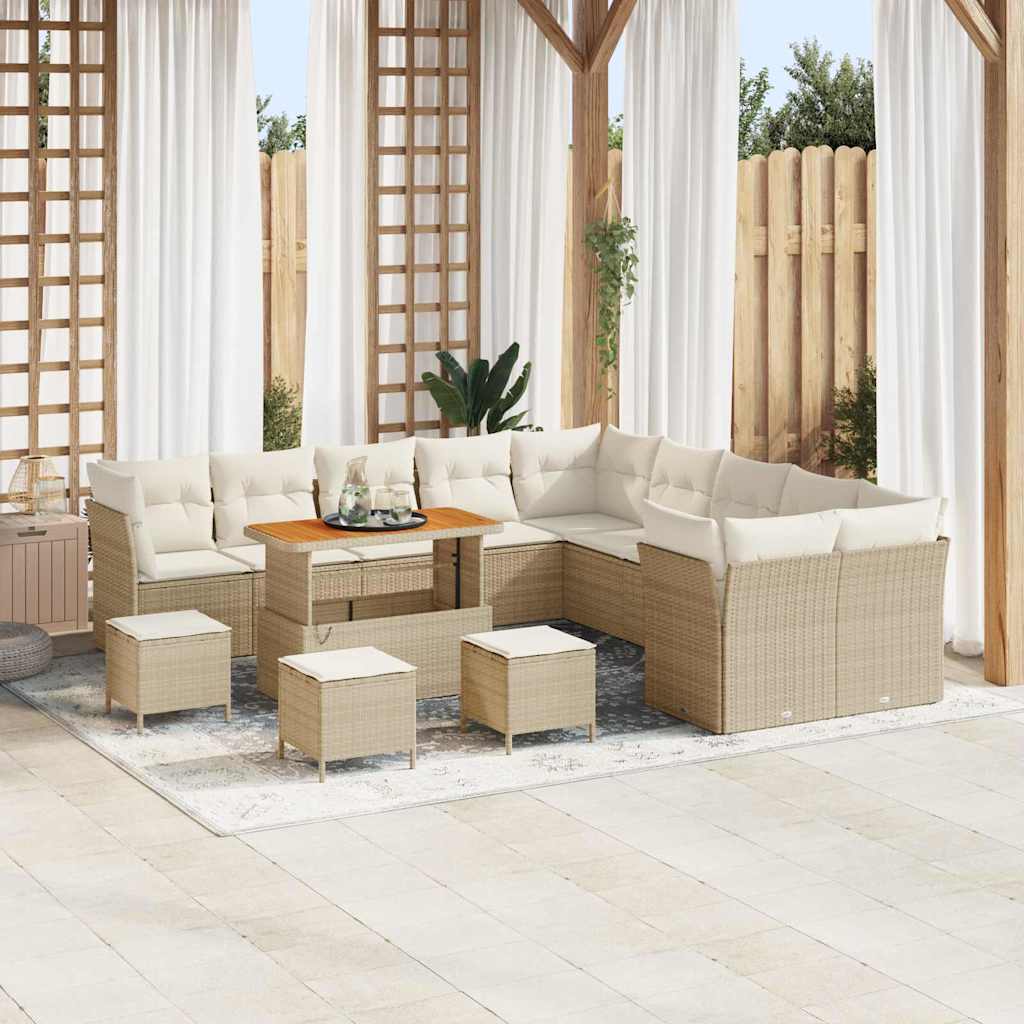 Gartensofa-set mit Kissen 14 pcs Beige und Creme Poly-Rattan