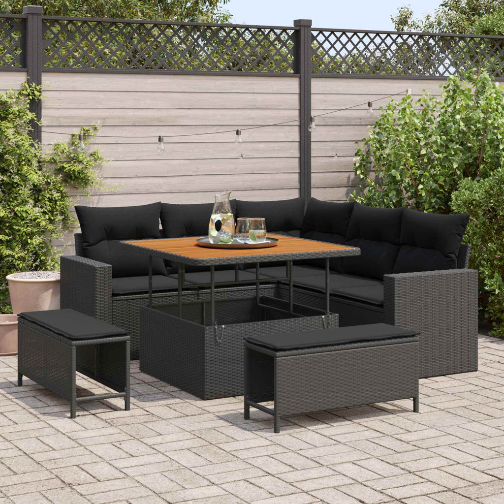Gartensofa-set mit Kissen 9 pcs Schwarz Poly-Rattan