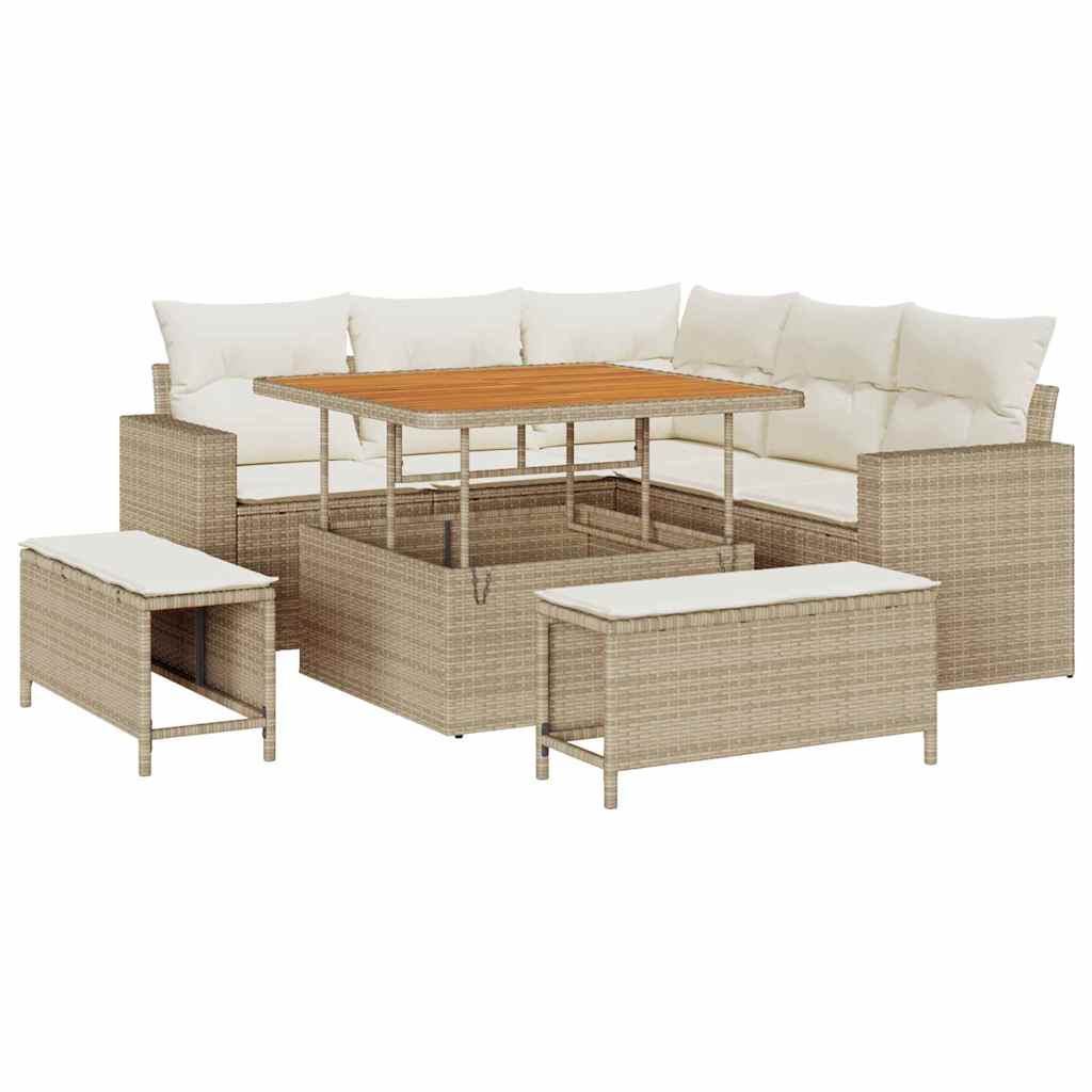 Gartensofa-set mit Kissen 9 pcs Beige und Creme Poly-Rattan