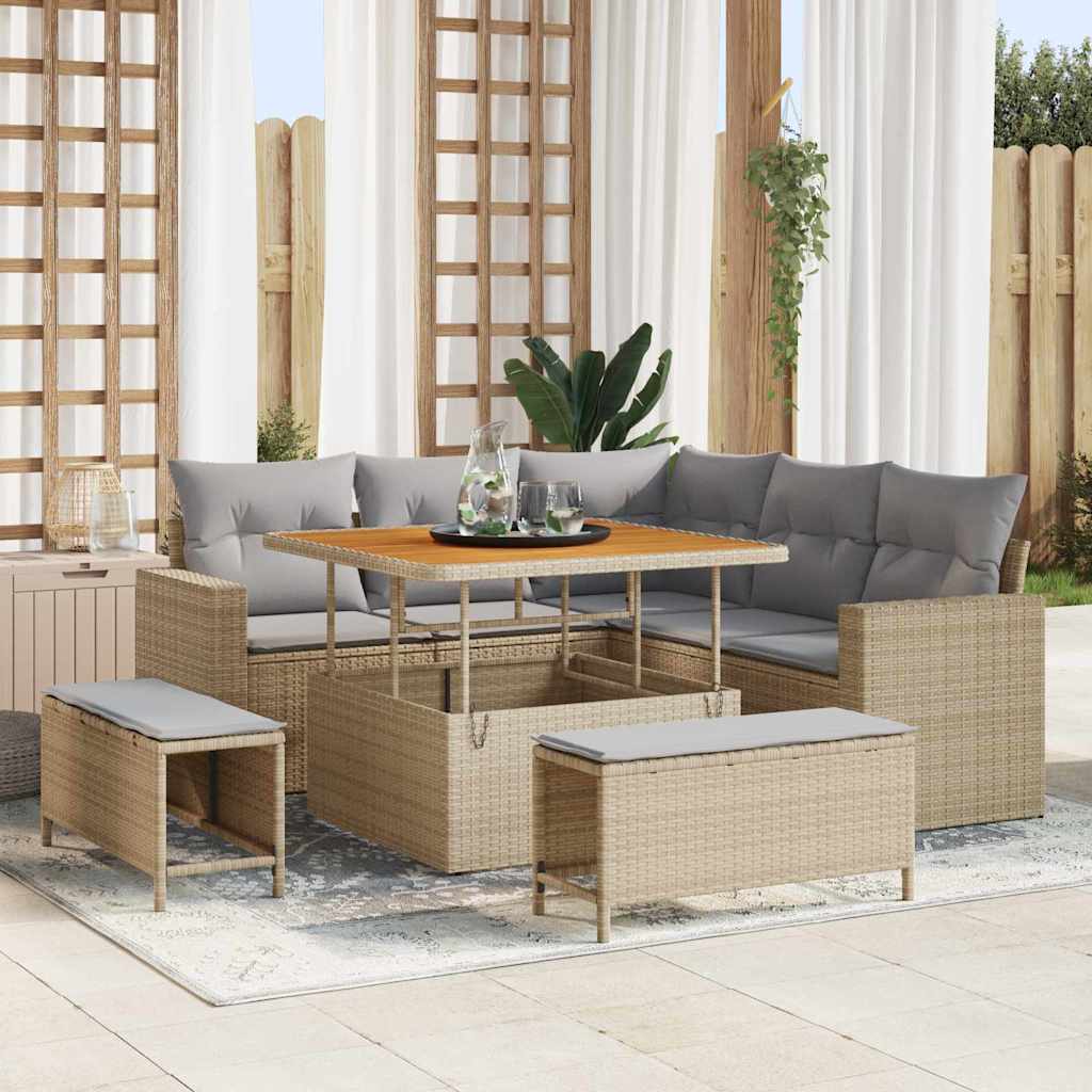 Gartensofa-set mit Kissen 9 pcs Beige und Hellgrau Poly-Rattan