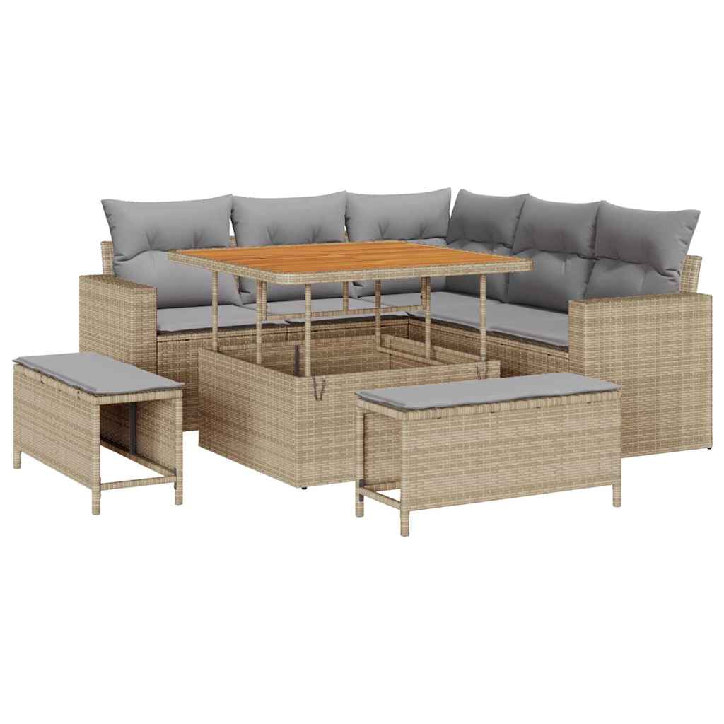 Gartensofa-set mit Kissen 9 pcs Beige und Hellgrau Poly-Rattan