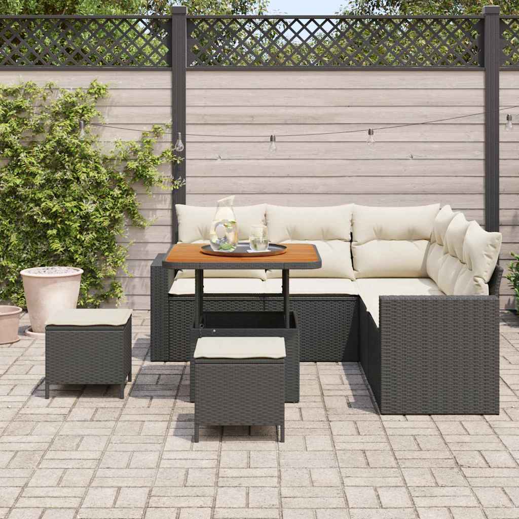 Gartensofa-set mit Kissen 9 pcs Schwarz und Creme Poly-Rattan