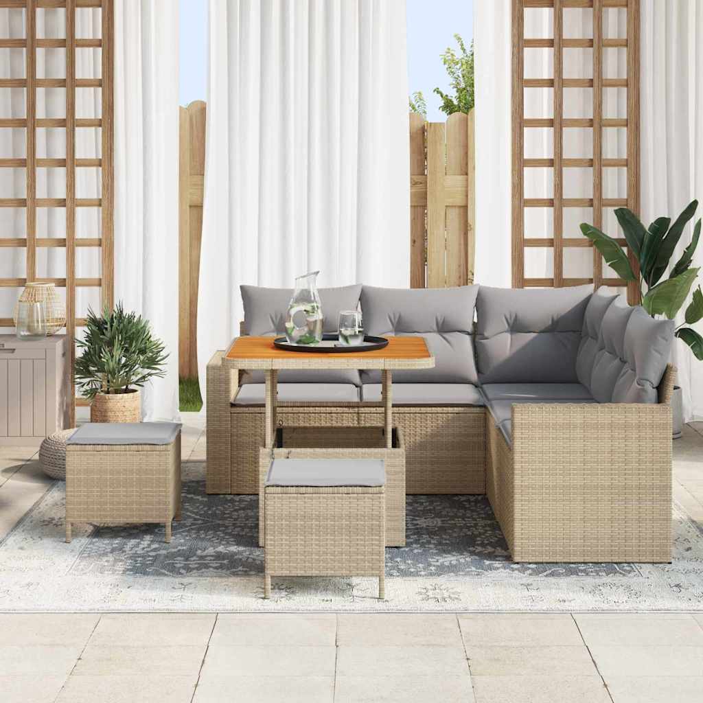 Gartensofa-set mit Kissen 9 pcs Beige und Hellgrau Poly-Rattan