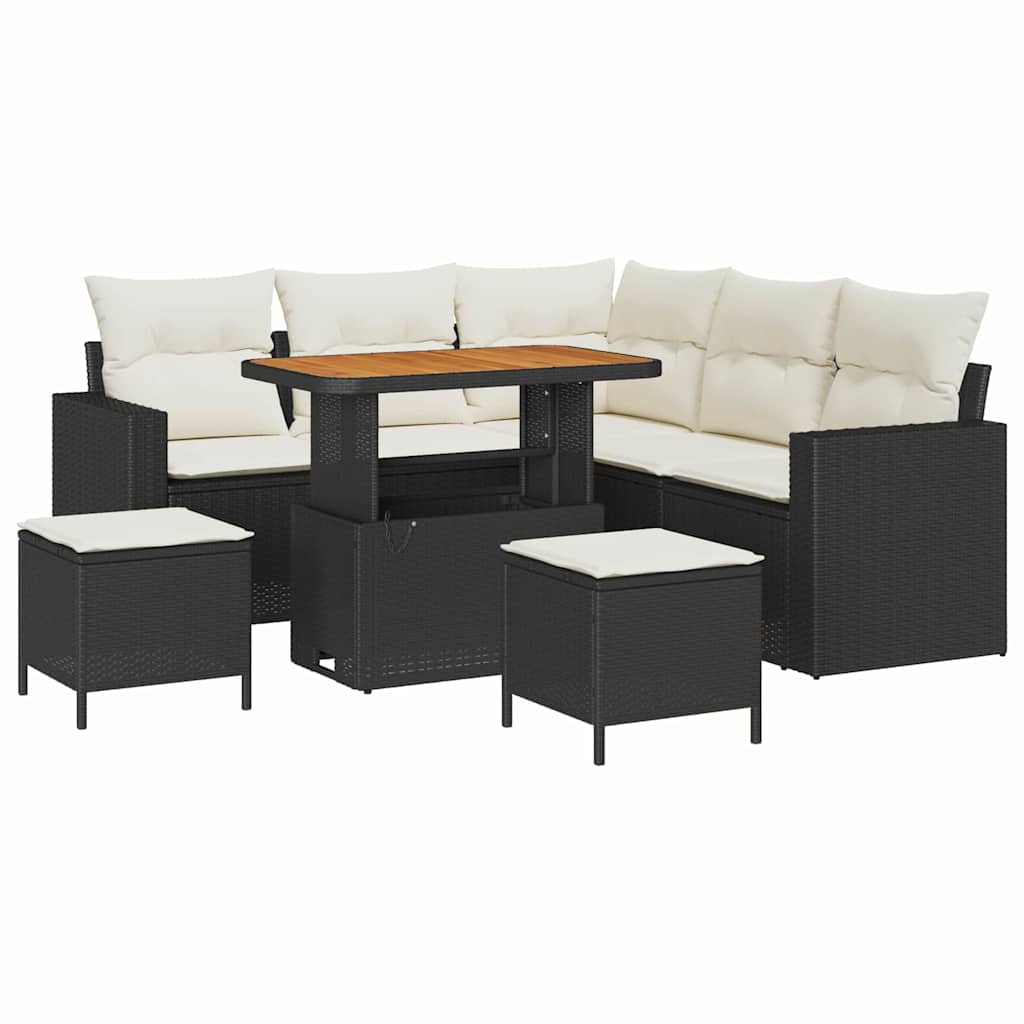 Gartensofa-set mit Kissen 9 pcs Schwarz und Creme Poly-Rattan