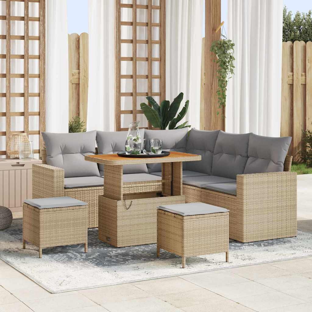 Gartensofa-set mit Kissen 9 pcs Beige und Hellgrau Poly-Rattan