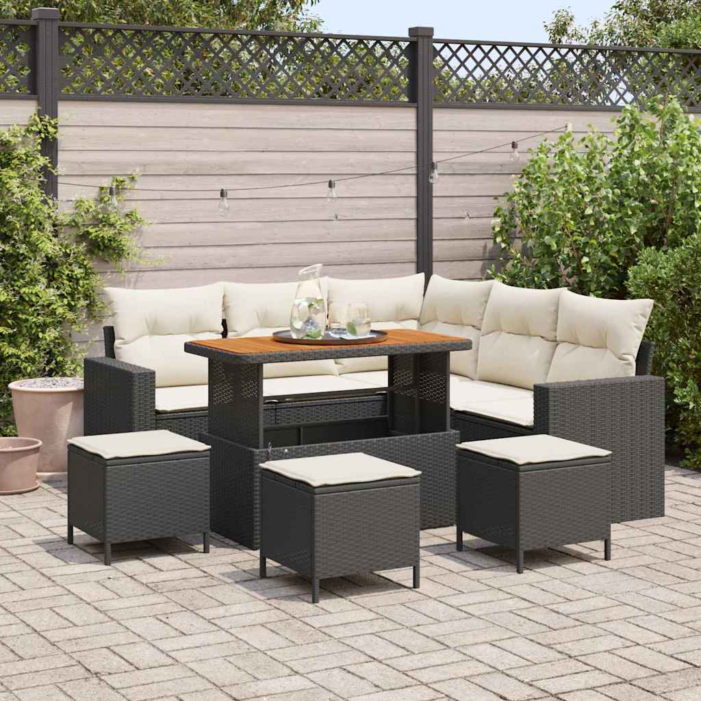 Gartensofa-set mit Kissen 10 pcs Schwarz und Creme Poly-Rattan
