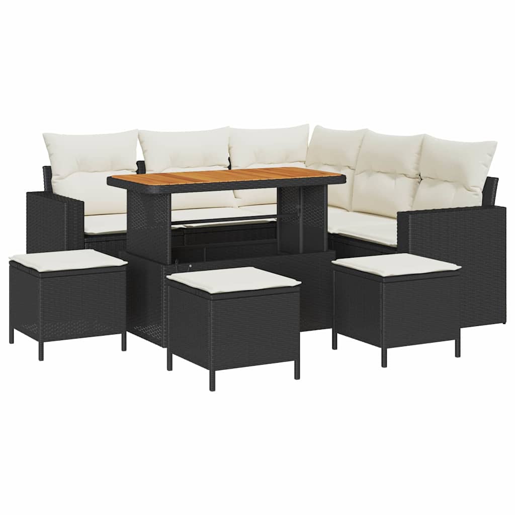 Gartensofa-set mit Kissen 10 pcs Schwarz und Creme Poly-Rattan