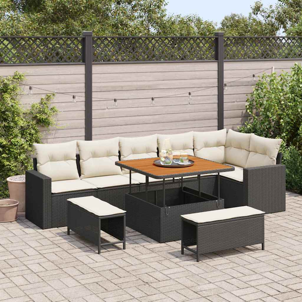 Gartensofa-set mit Kissen 11 pcs Schwarz und Creme Poly-Rattan