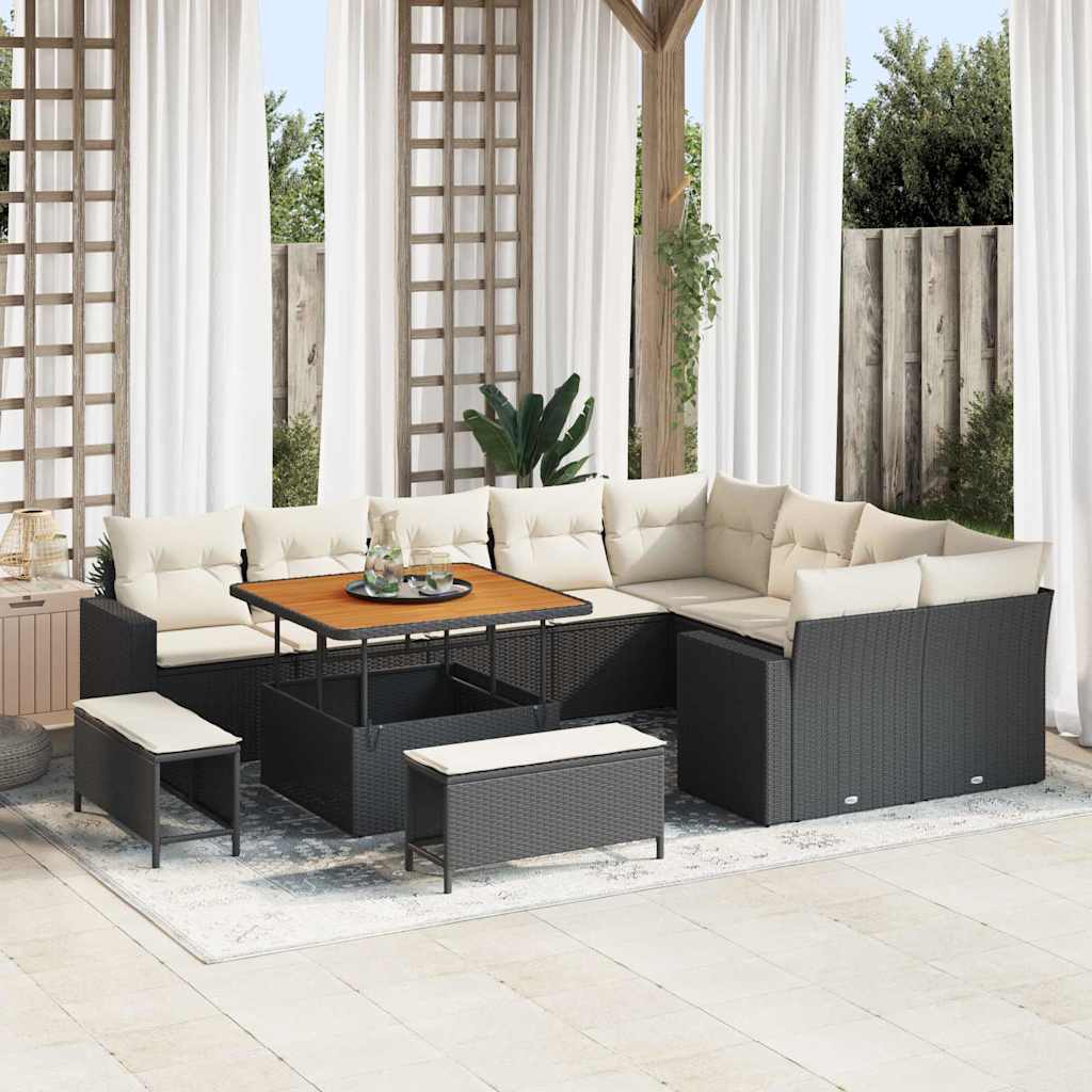 Gartensofa-set mit Kissen 13 pcs Schwarz und Creme Poly-Rattan