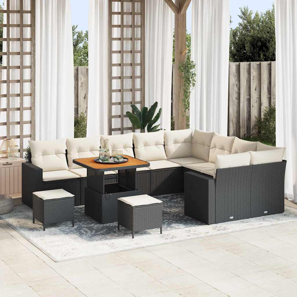 Gartensofa-set mit Kissen 13 pcs Schwarz und Creme Poly-Rattan