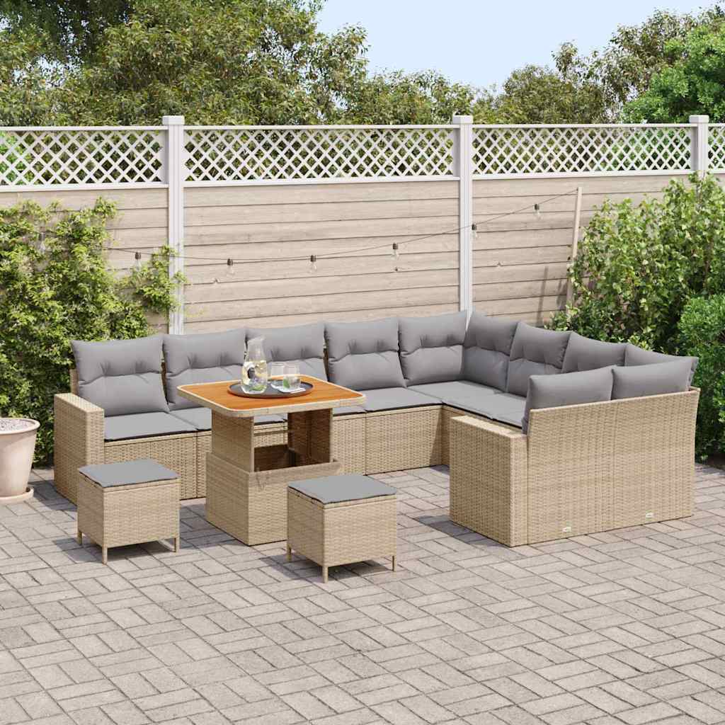 Gartensofa-set mit Kissen 13 pcs Beige und Hellgrau Poly-Rattan