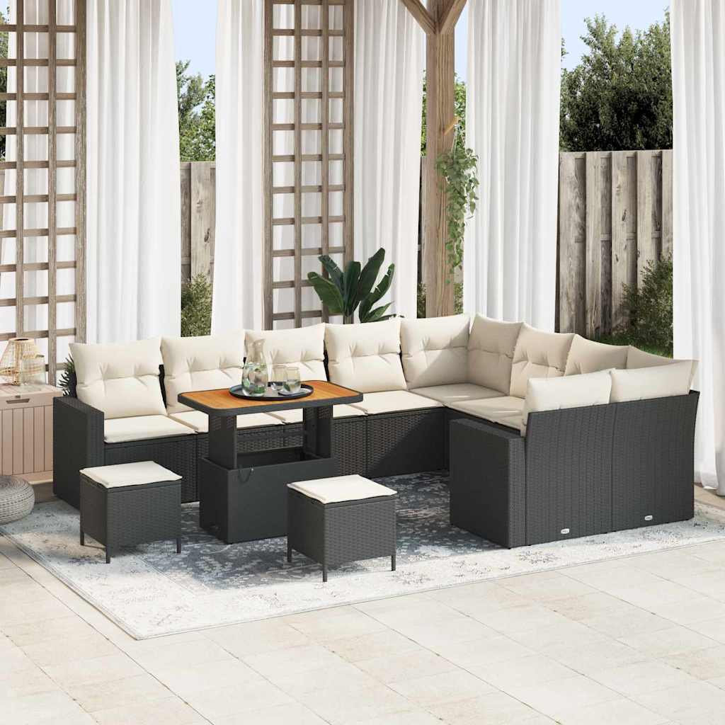 Gartensofa-set mit Kissen 13 pcs Schwarz und Creme Poly-Rattan