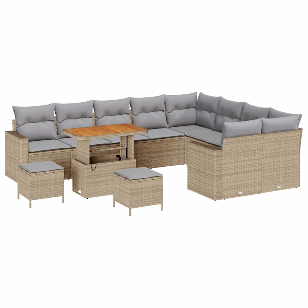 Gartensofa-set mit Kissen 13 pcs Beige und Hellgrau Poly-Rattan