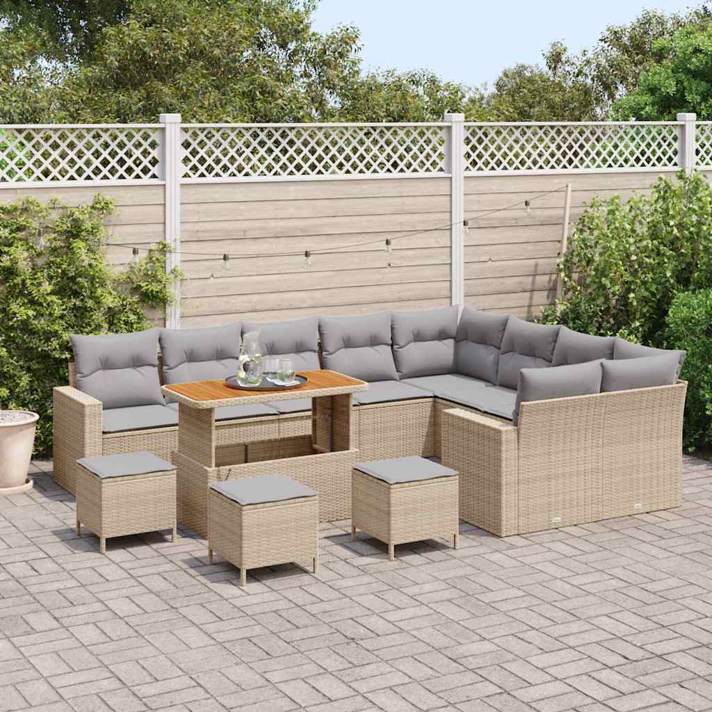 Gartensofa-set mit Kissen 14 pcs Beige und Hellgrau Poly-Rattan