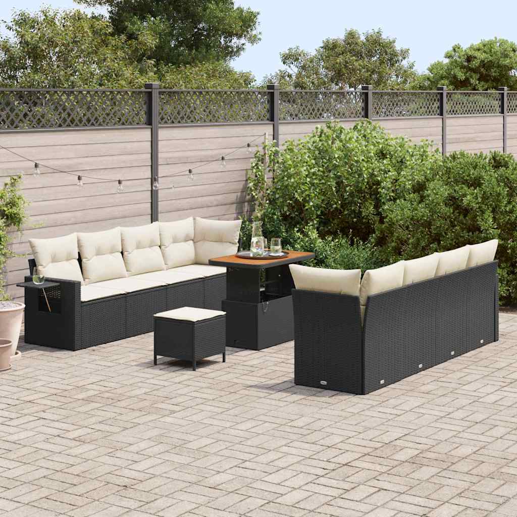 Gartensofa-set mit Kissen 11 pcs Schwarz und Creme Poly-Rattan