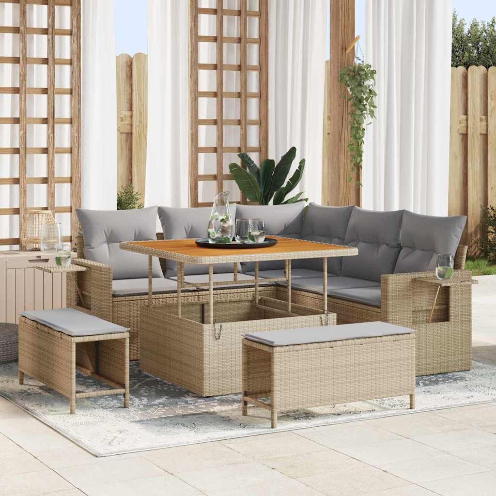 Gartensofa-set mit Kissen 9 pcs Beige und Hellgrau Poly-Rattan