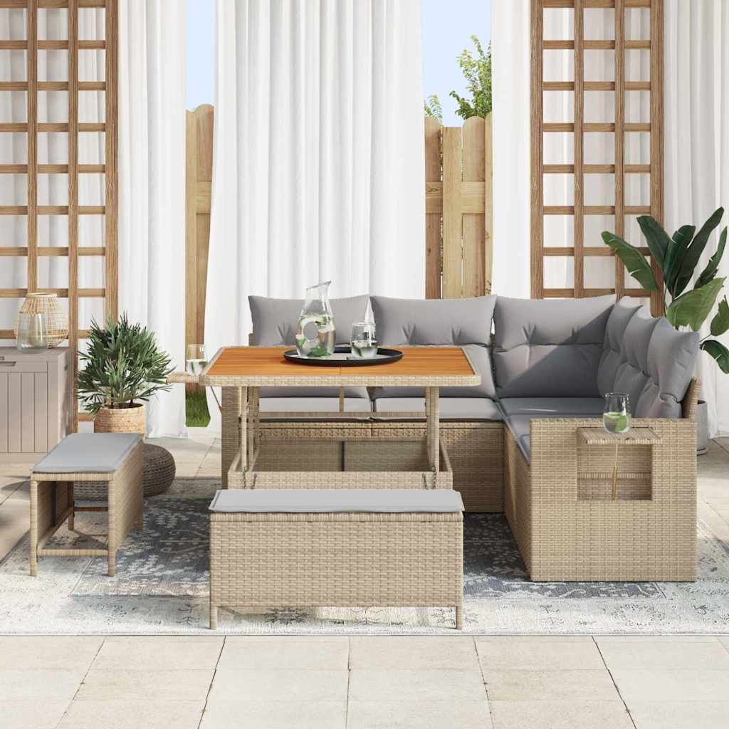 Gartensofa-set mit Kissen 9 pcs Beige und Hellgrau Poly-Rattan