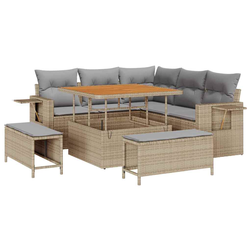 Gartensofa-set mit Kissen 9 pcs Beige und Hellgrau Poly-Rattan