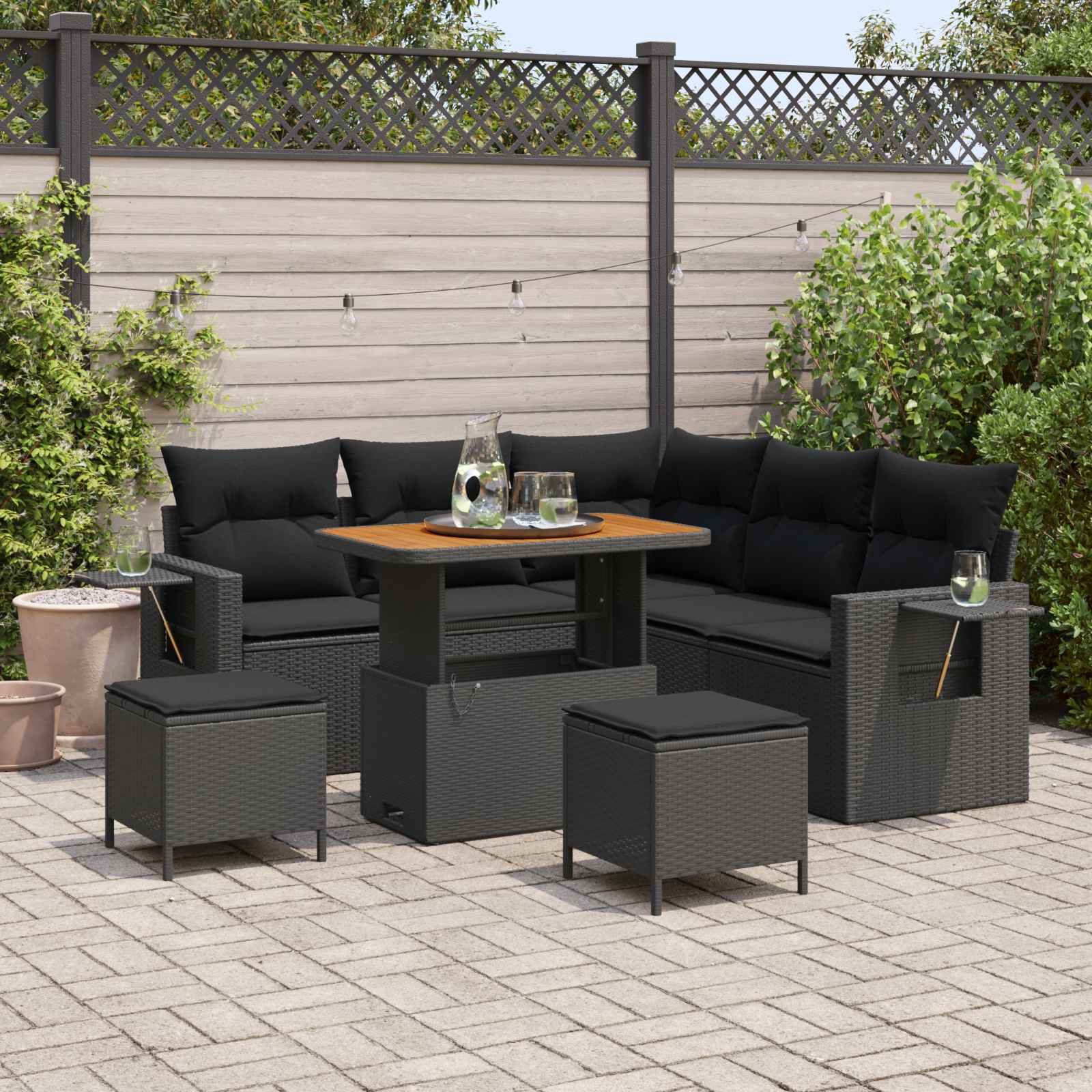 Gartensofa-set mit Kissen 9 pcs Schwarz Poly-Rattan
