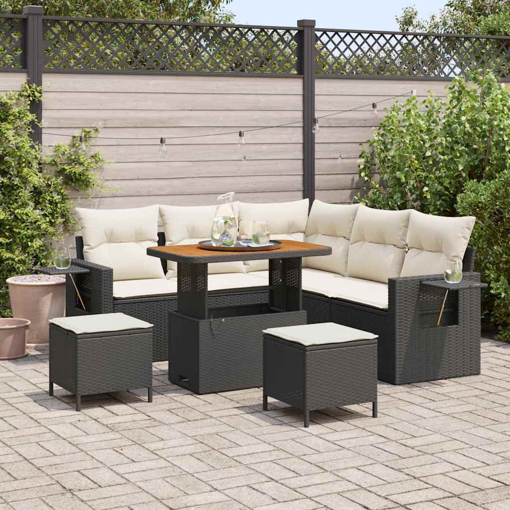 Gartensofa-set mit Kissen 9 pcs Schwarz und Creme Poly-Rattan