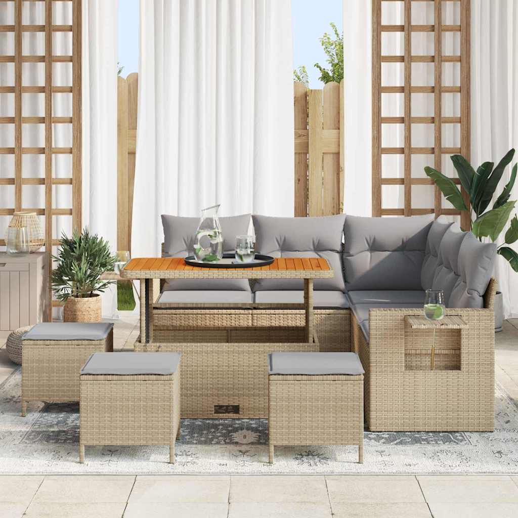 Gartensofa-set mit Kissen 10 pcs Beige und Hellgrau Poly-Rattan