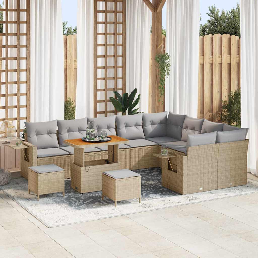 Gartensofa-set mit Kissen 12 pcs Beige und Hellgrau Poly-Rattan