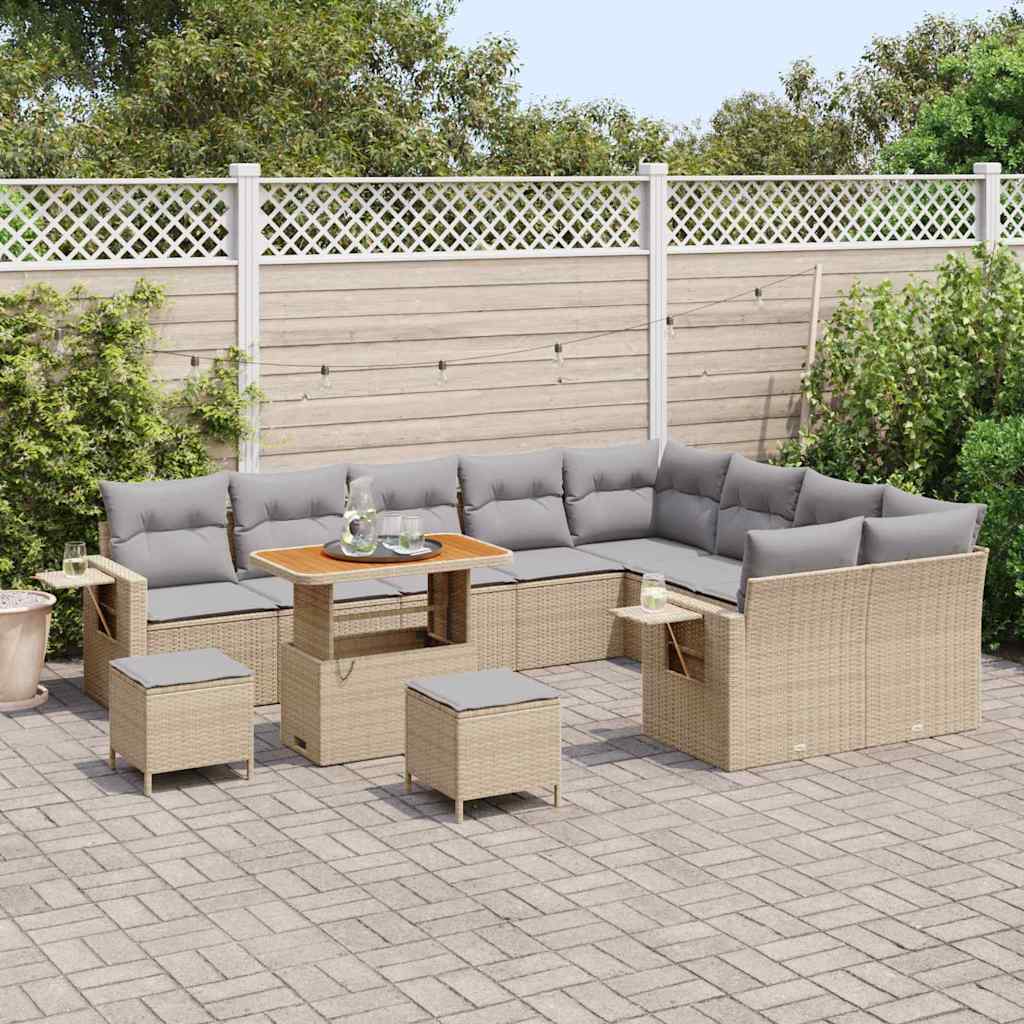 Gartensofa-set mit Kissen 12 pcs Beige und Hellgrau Poly-Rattan