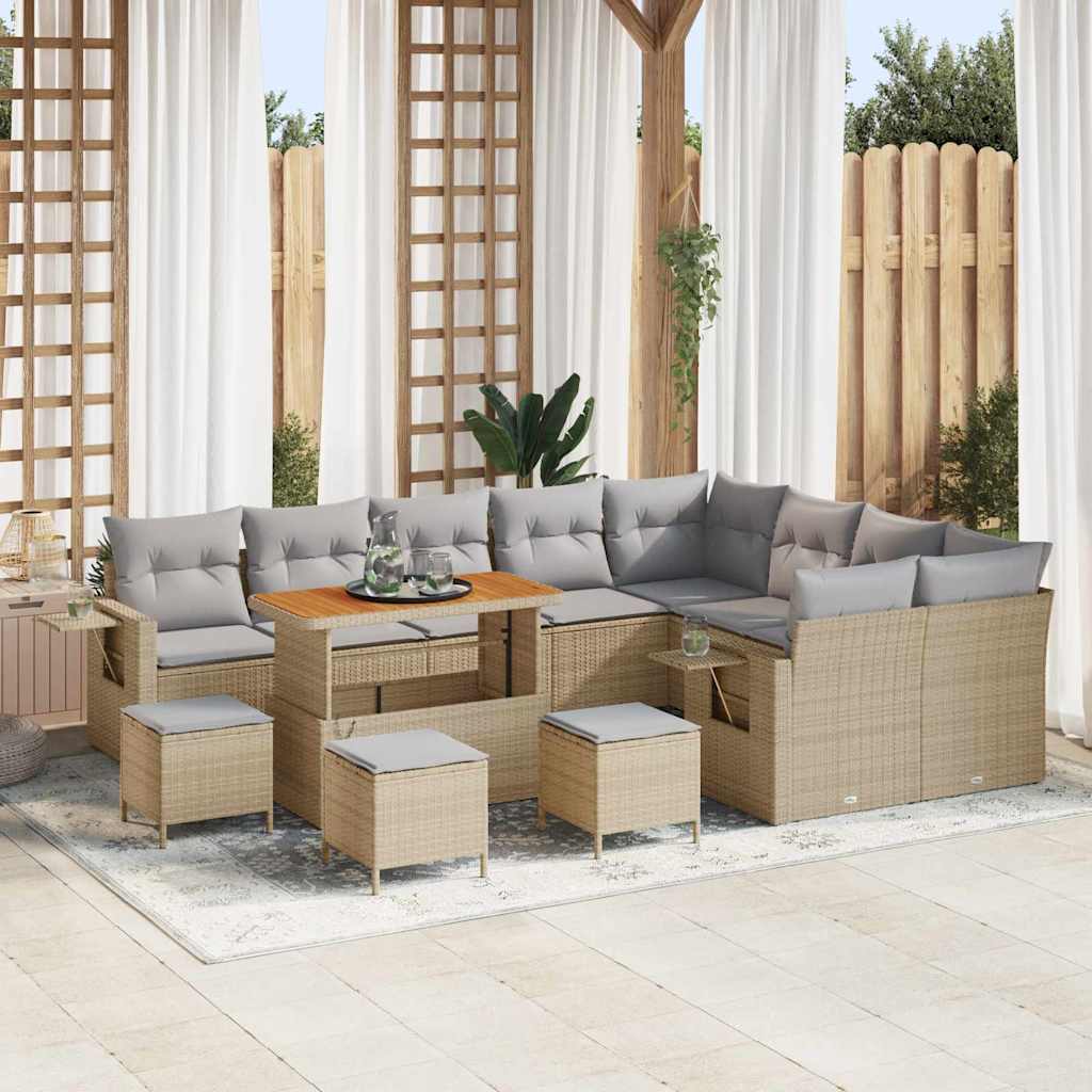 Gartensofa-set mit Kissen 13 pcs Beige und Hellgrau Poly-Rattan