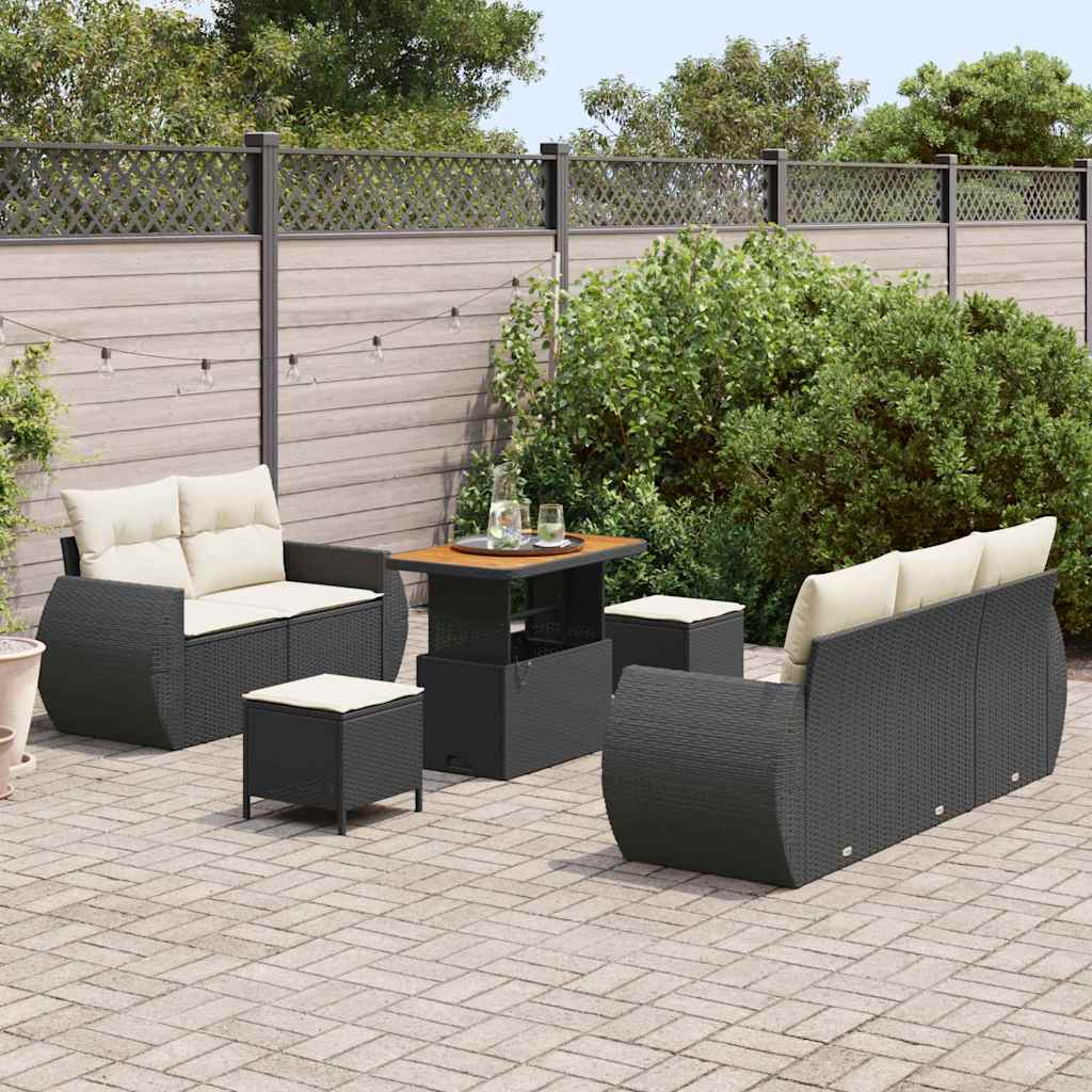 Gartensofa-set mit Kissen 8 pcs Schwarz und Creme Poly-Rattan