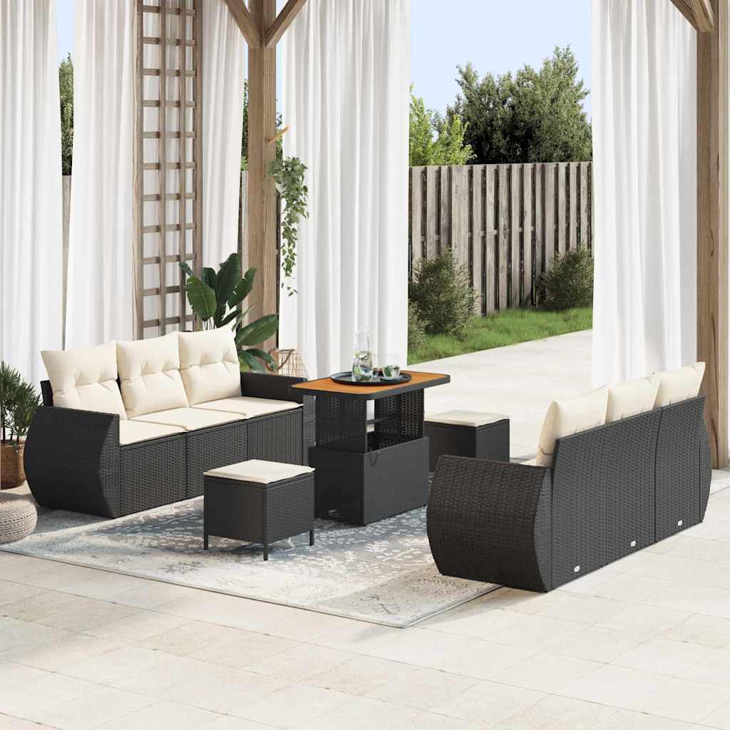 Gartensofa-set mit Kissen 9 pcs Schwarz und Creme Poly-Rattan