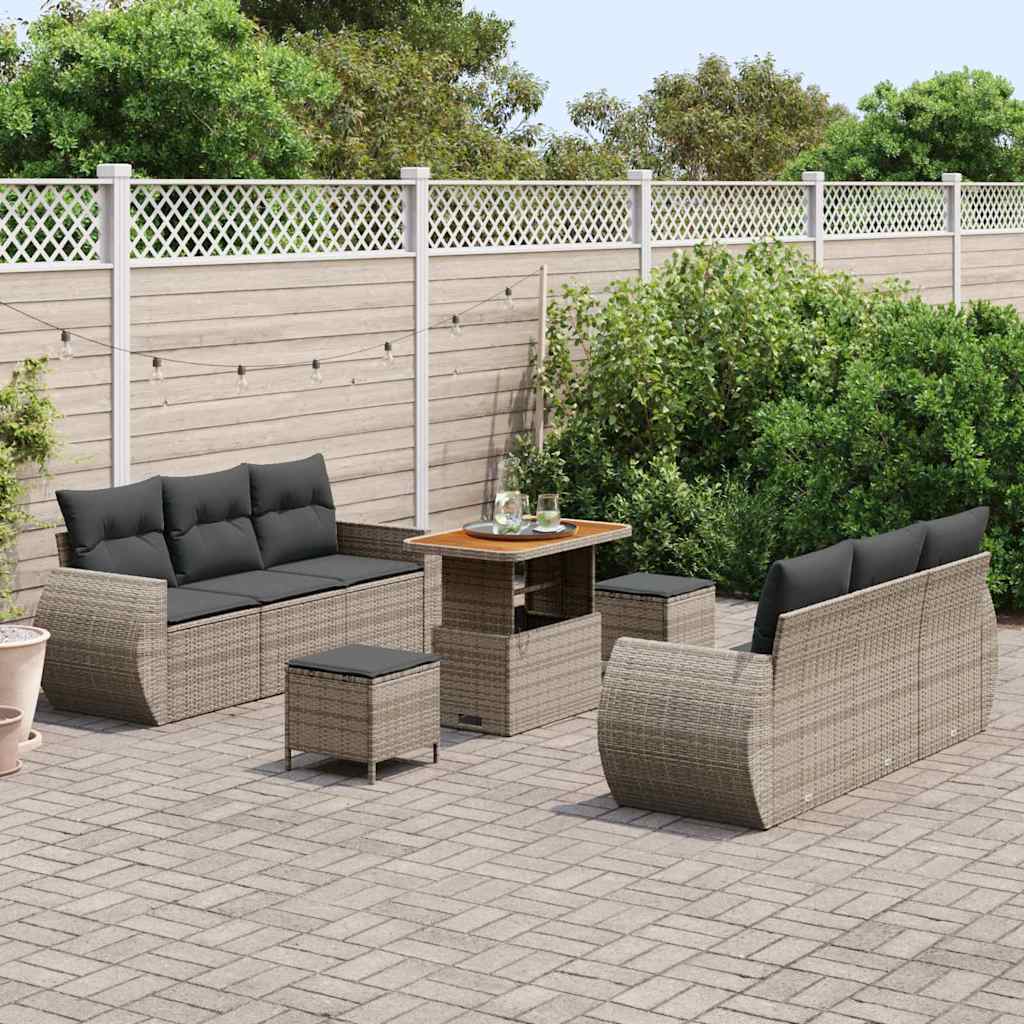Gartensofa-set mit Kissen mit Speicher 9 pcs Grau Poly-Rattan