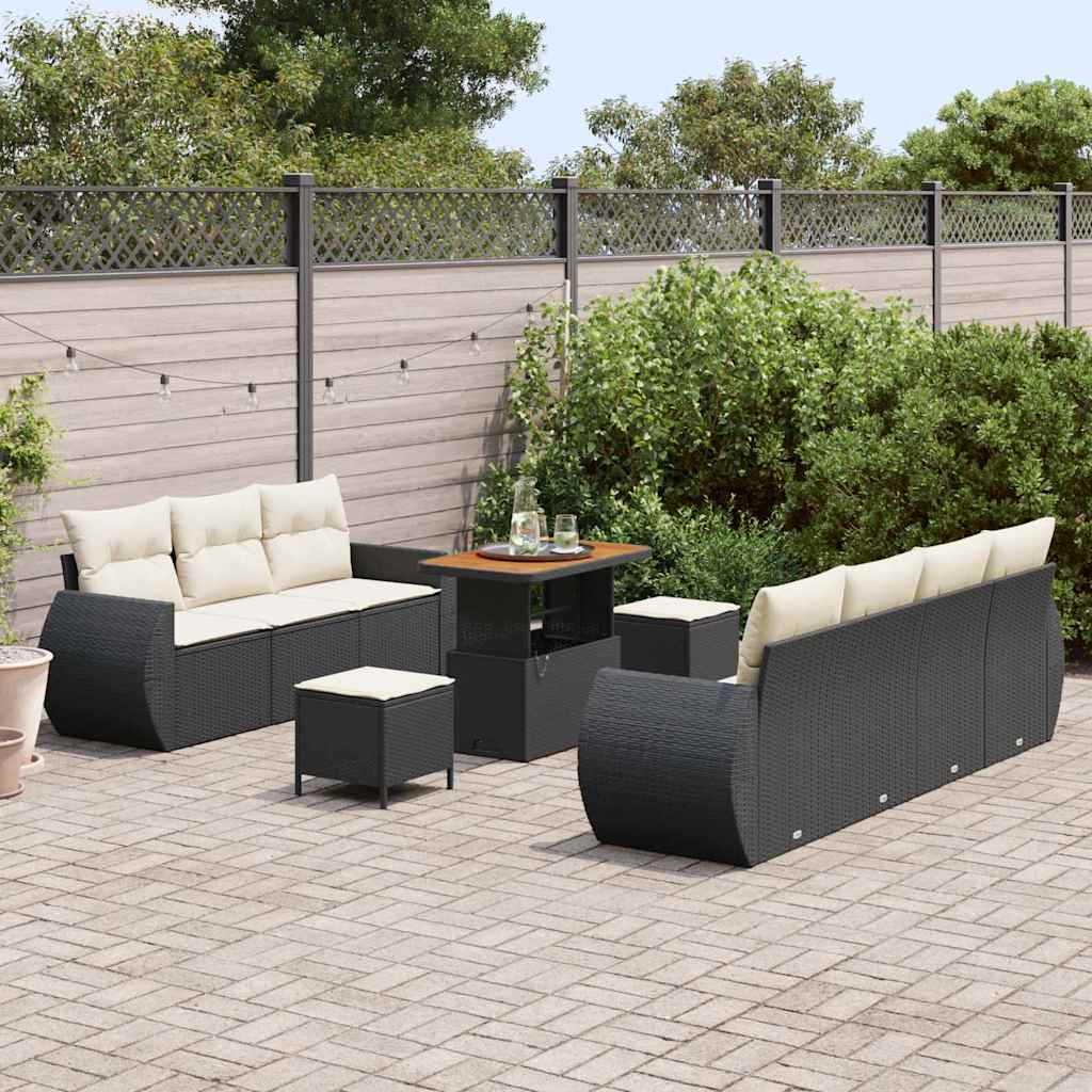 Gartensofa-set mit Kissen 10 pcs Schwarz und Creme Poly-Rattan