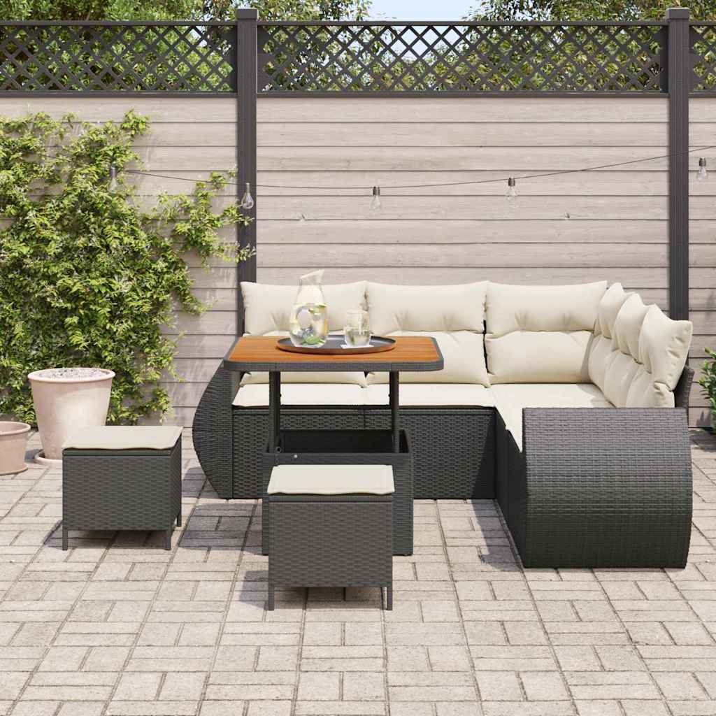 Gartensofa-set mit Kissen 8 pcs Schwarz und Creme Poly-Rattan