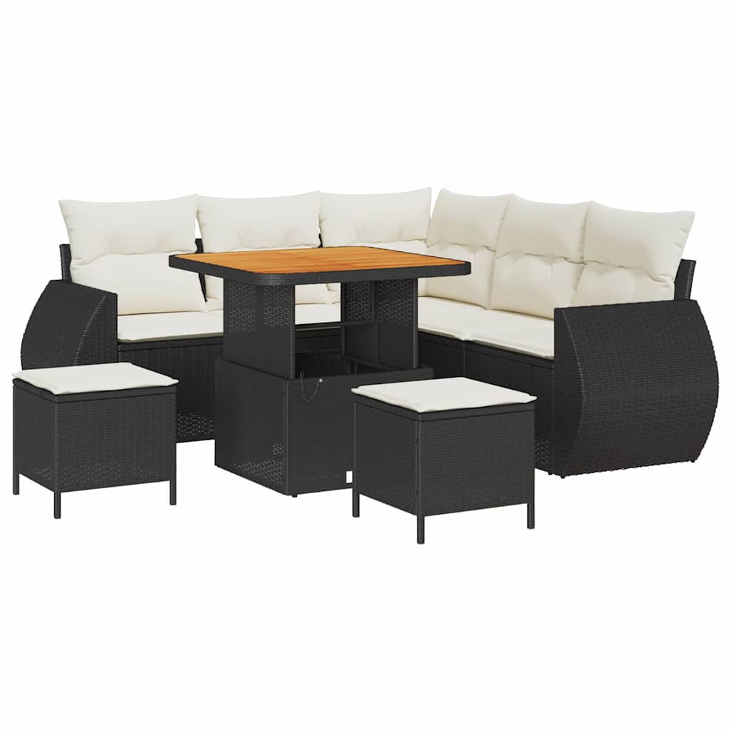 Gartensofa-set mit Kissen 8 pcs Schwarz und Creme Poly-Rattan