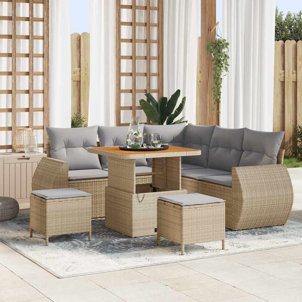 Gartensofa-set mit Kissen 8 pcs Beige und Hellgrau Poly-Rattan