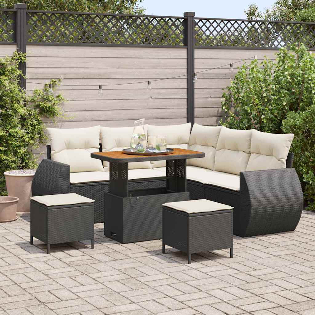 Gartensofa-set mit Kissen 8 pcs Schwarz und Creme Poly-Rattan
