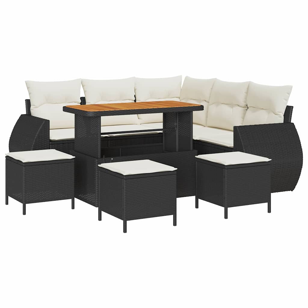 Gartensofa-set mit Kissen 9 pcs Schwarz und Creme Poly-Rattan