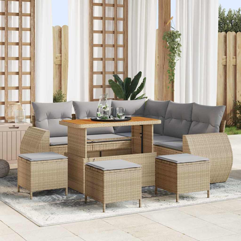 Gartensofa-set mit Kissen 9 pcs Beige und Hellgrau Poly-Rattan