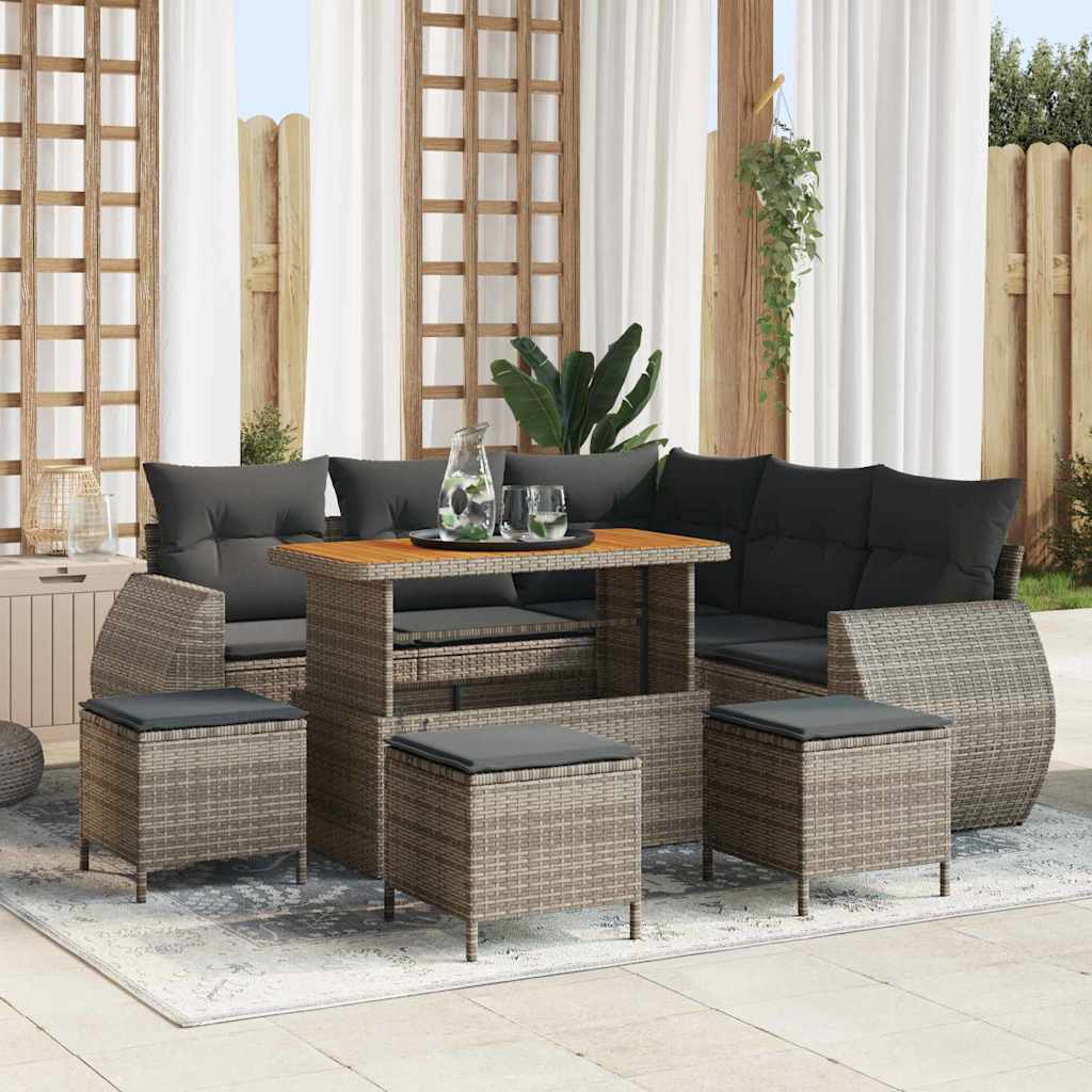Gartensofa-set mit Kissen mit Speicher 9 pcs Grau Poly-Rattan