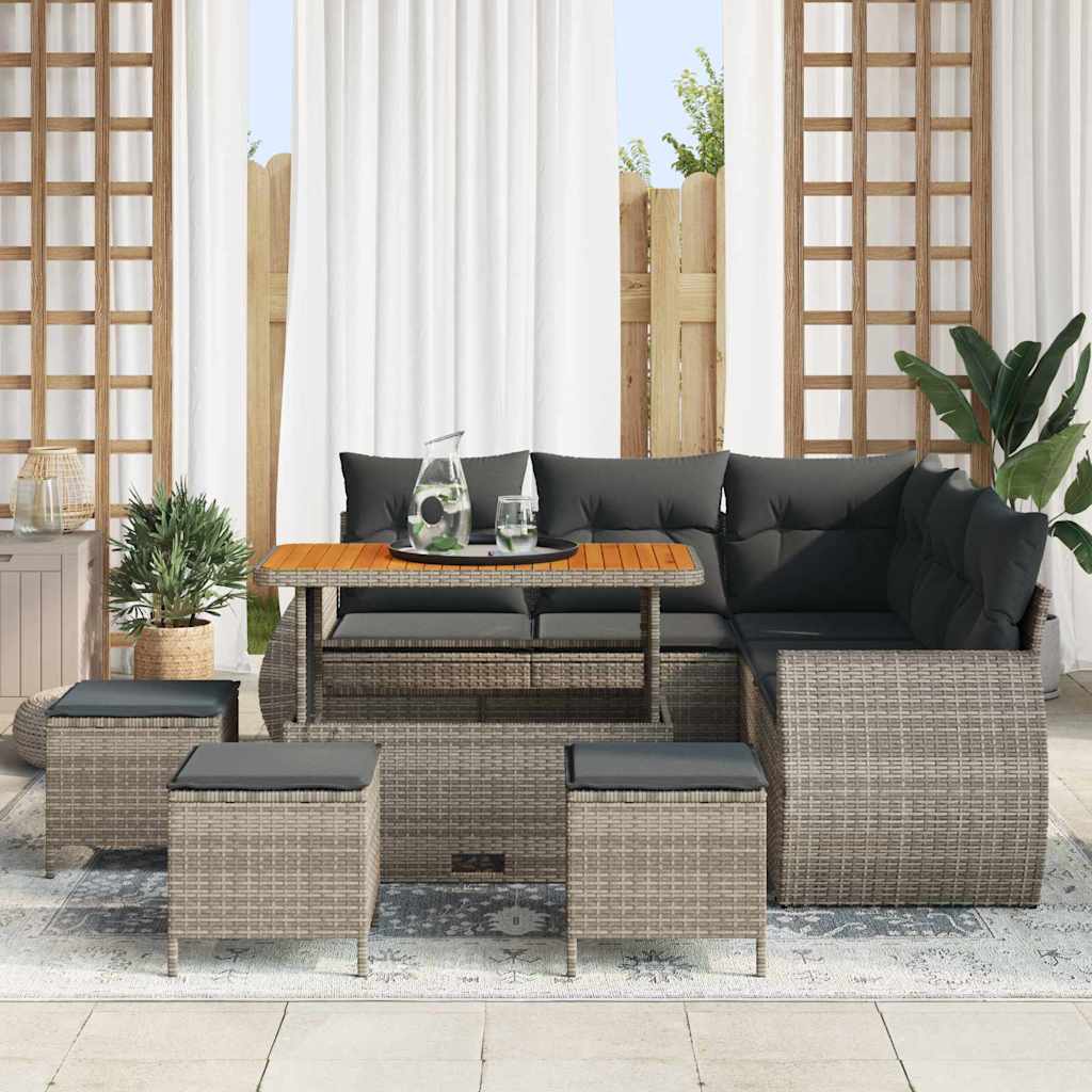 Gartensofa-set mit Kissen mit Speicher 9 pcs Grau Poly-Rattan