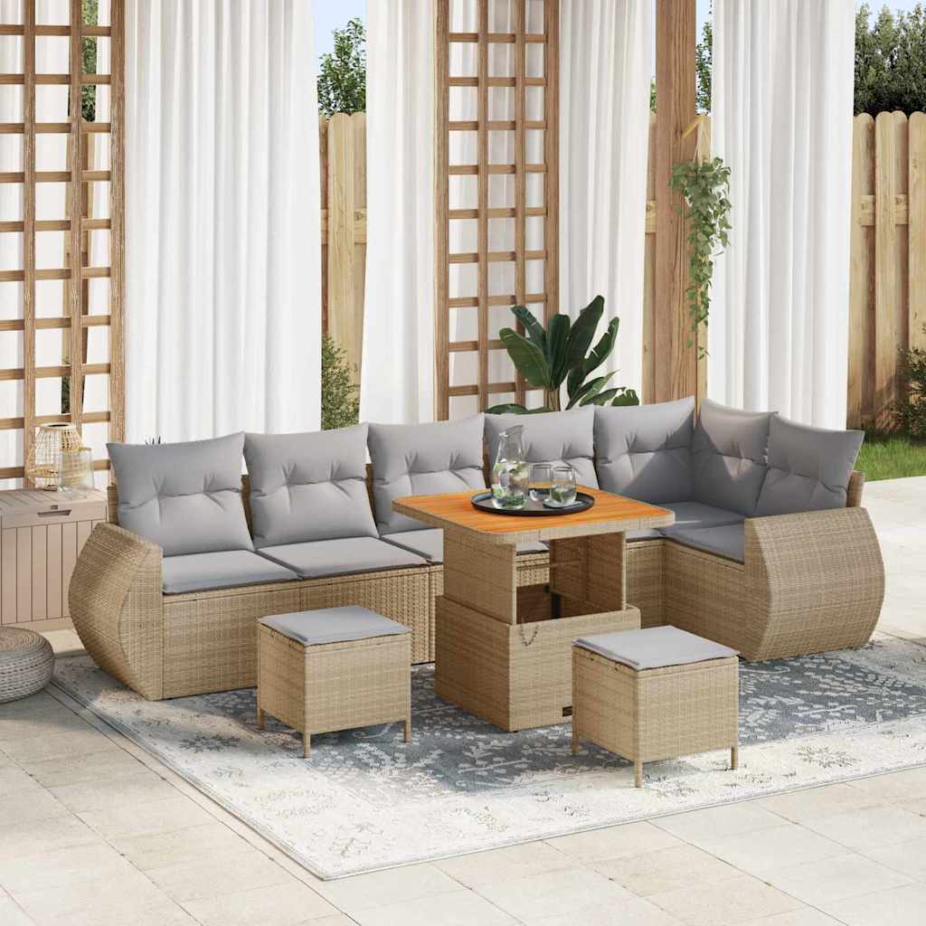 Gartensofa-set mit Kissen 9 pcs Beige und Hellgrau Poly Rattan