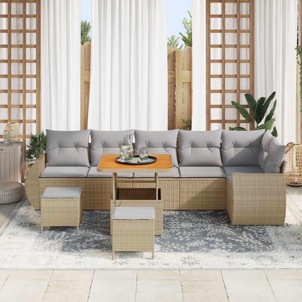 Gartensofa-set mit Kissen 9 pcs Beige und Hellgrau Poly Rattan