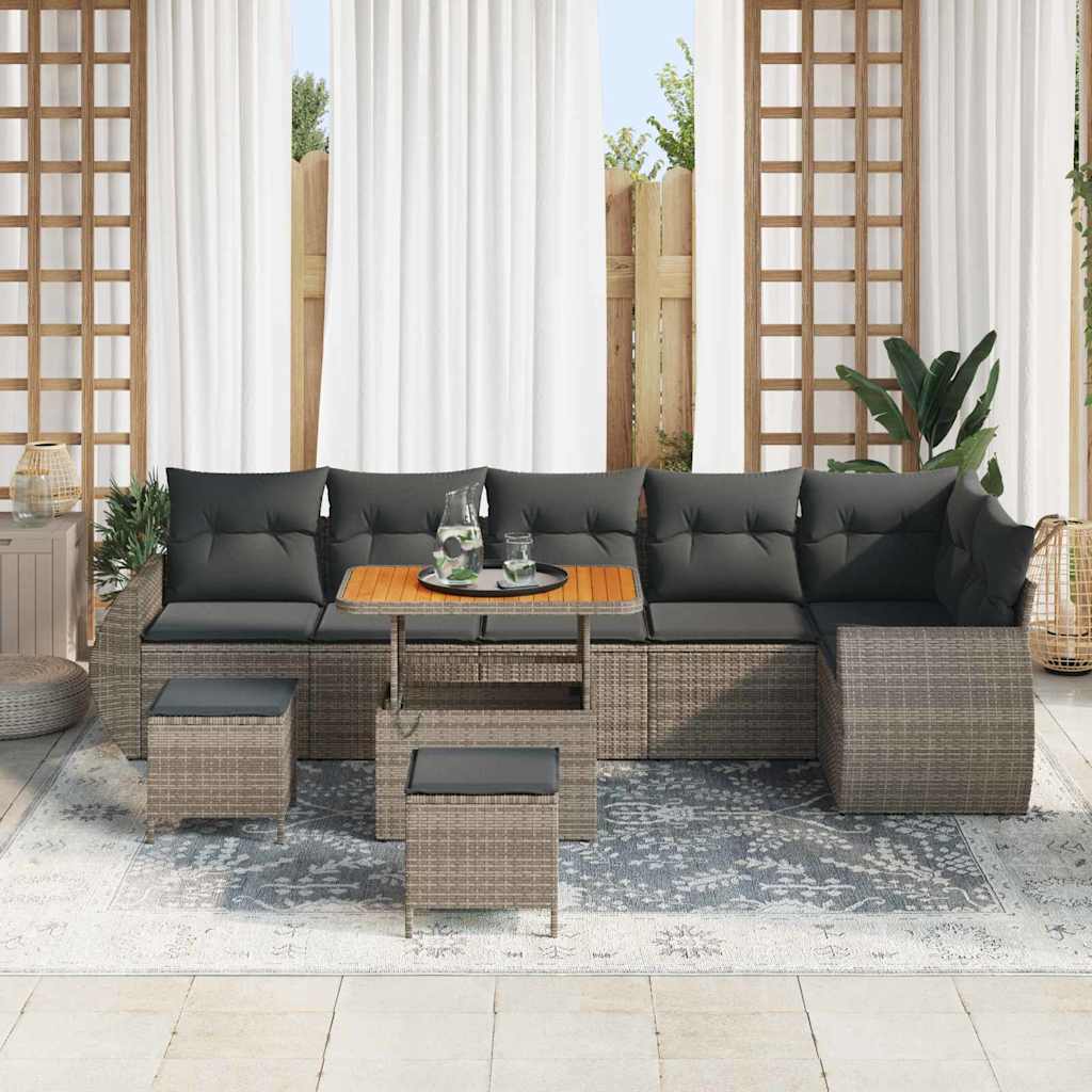 Gartensofa-set mit Kissen mit Speicher 9 pcs Grau Poly Rattan