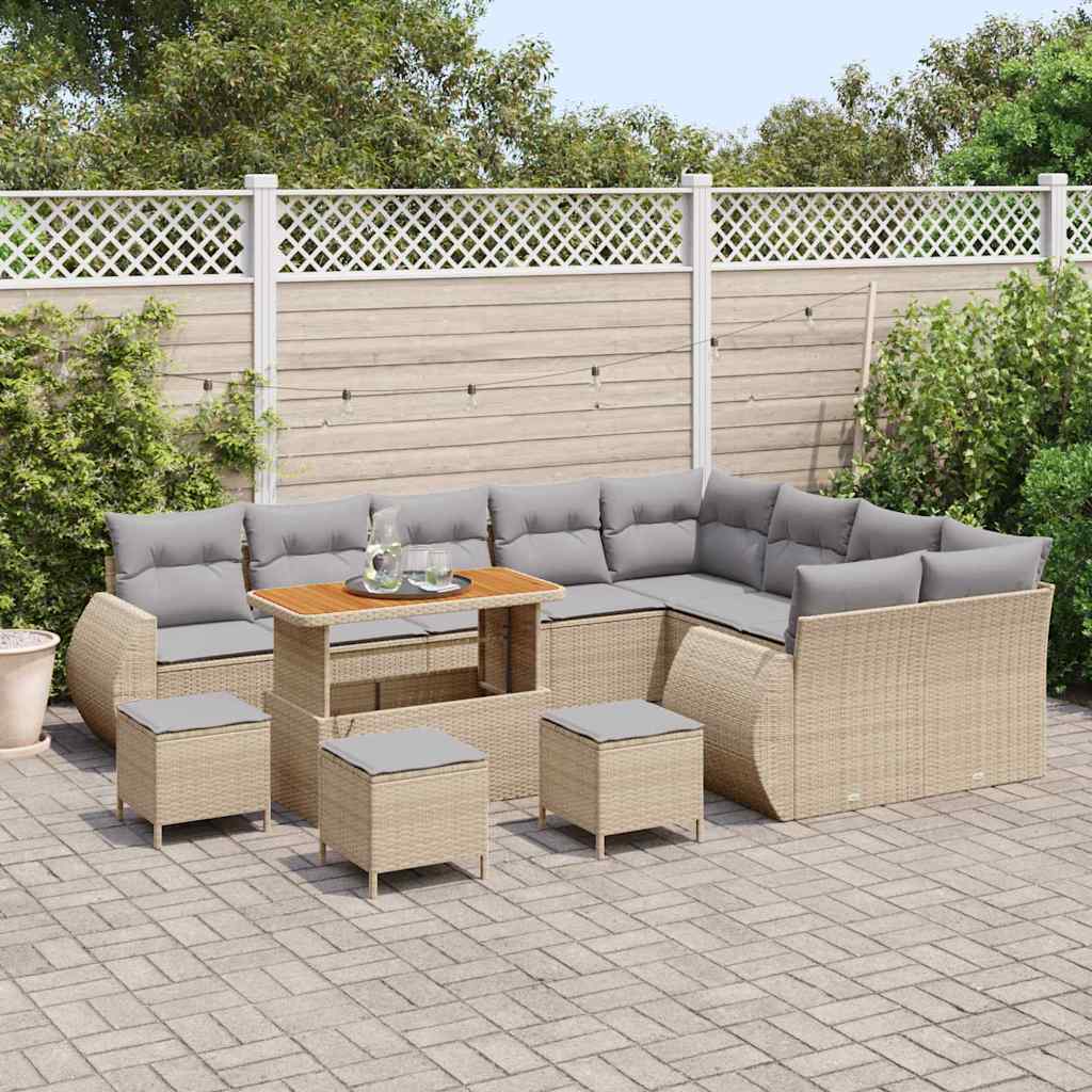 Gartensofa-set mit Kissen 13 pcs Beige und Hellgrau Poly Rattan