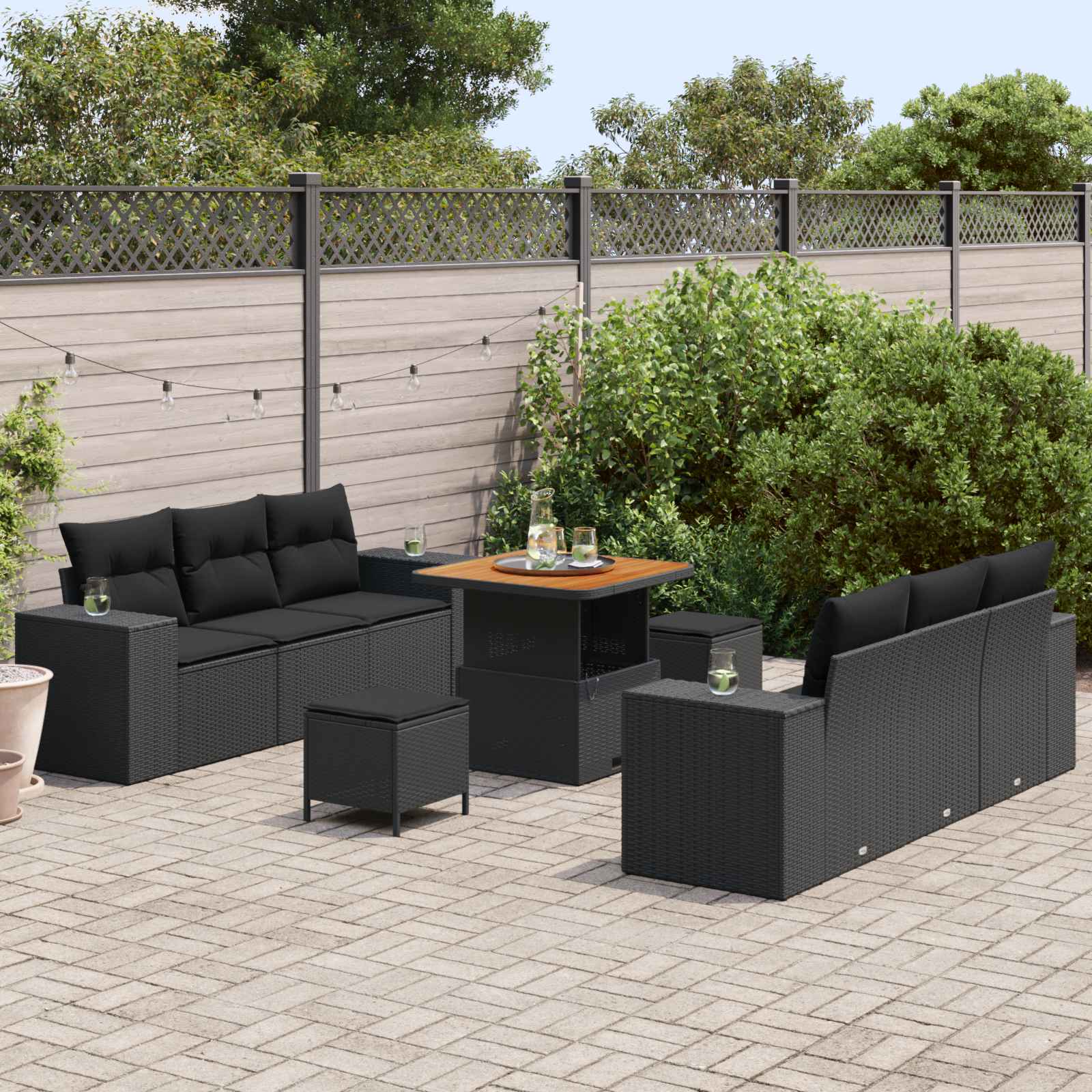 Gartensofa-set mit Kissen Schwarz 221 x 204 x 85 cm Poly Rattan