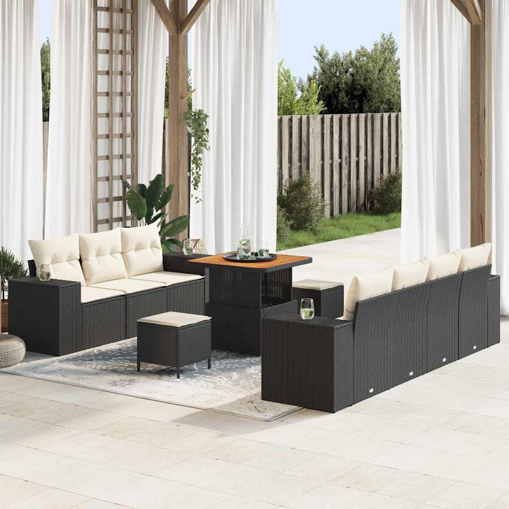 Gartensofa-set mit Kissen 10 pcs Schwarz und Creme Poly Rattan