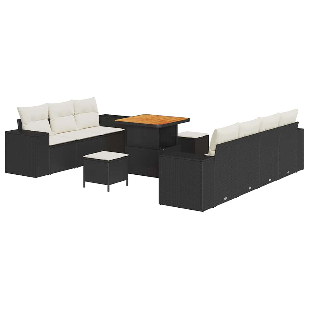Gartensofa-set mit Kissen 10 pcs Schwarz und Creme Poly Rattan